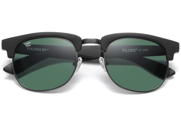 Foldies Tortoise Shell with Polarized Black Lens Folding Browlines | Matte Black / Classic Green Lens