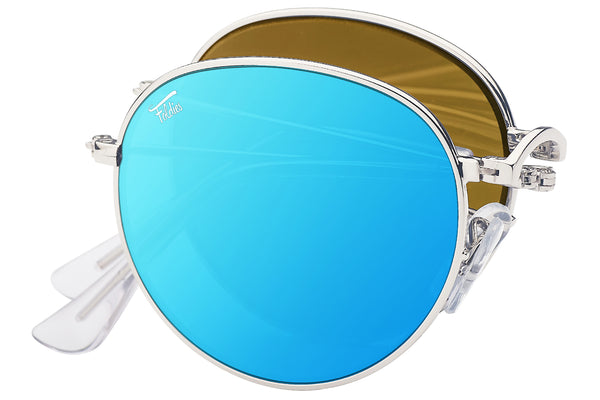 Foldies Silver with Polarized Blue Mirror Lens Folding Rounds | Silver / Blue Mirror Lens